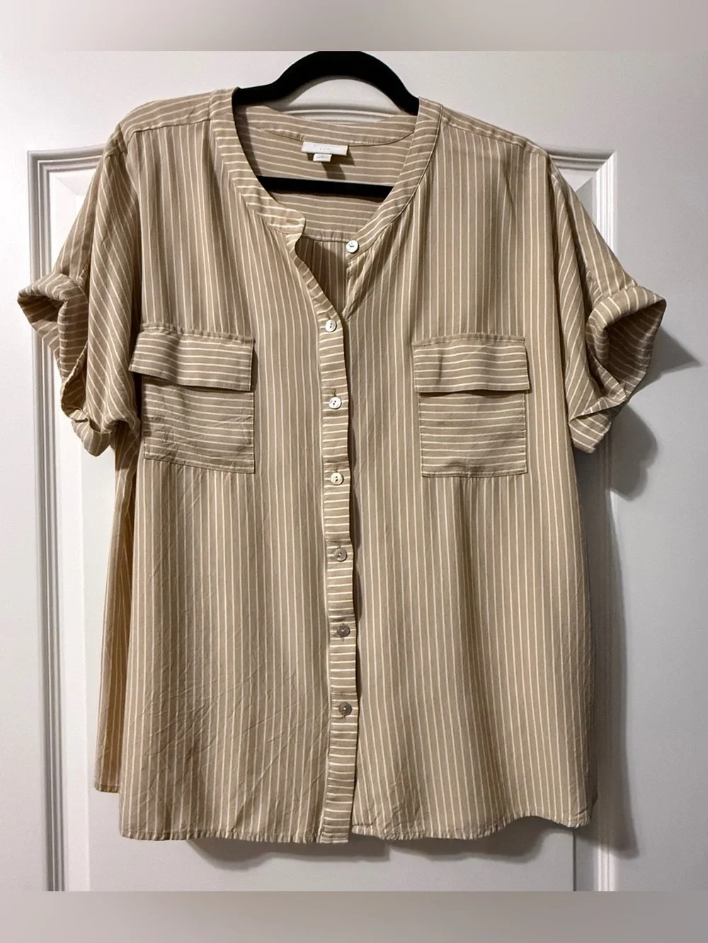 J. Jill Rayon Tan and White Striped Button-Down Shirt - Picture 1 of 5